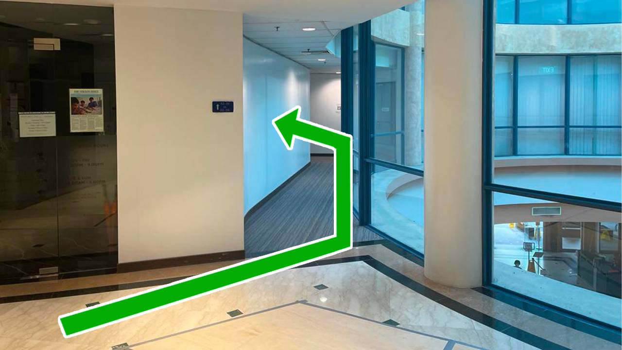 Exit at level 2 and walk along the corridor on the left